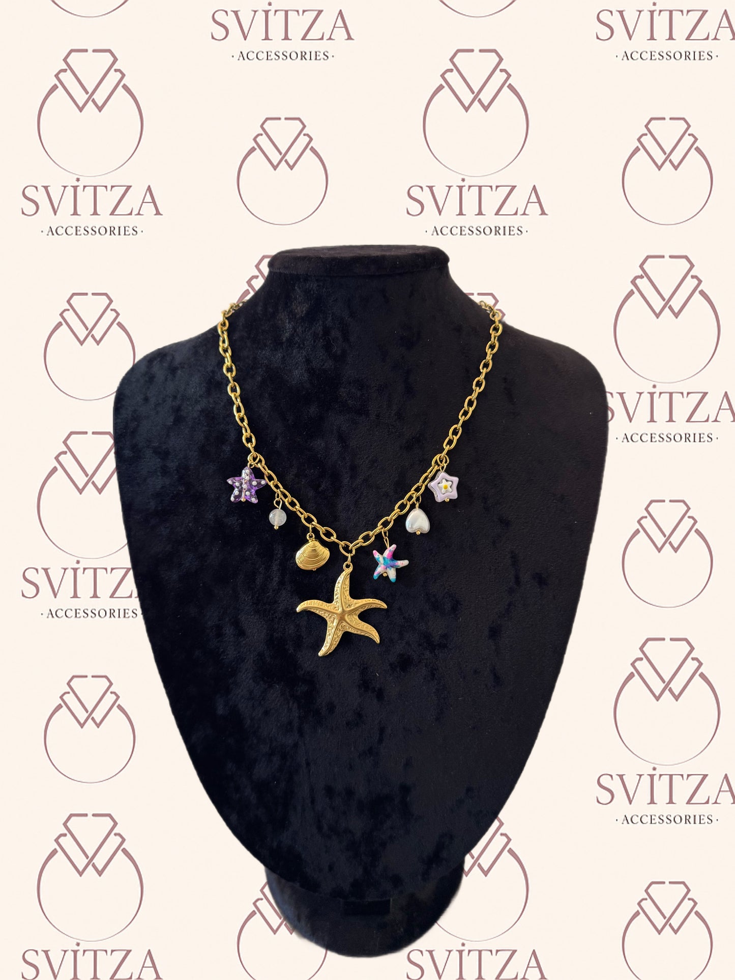 Svitza Accessories Altın Zincir Kolye – Deniz Yıldızı, Çiçek ve Deniz Kabuğu Figürleriyle Zarif Tasarım